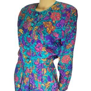 Blue Silk Floral Print Pleated Bodycon Dress Long Sleeve Shoulder Pads Size 8